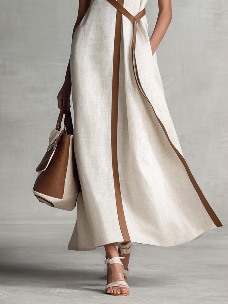 Constância | Vestido Longo Off-White em Linho com Decote V e Corte Fluido