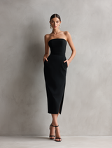 Nara | Vestido Midi Preto Tomara que Caia com Bolsos
