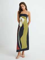 Dagmar | Vestido Midi Color Block com Tomara que Caia e Fenda Lateral