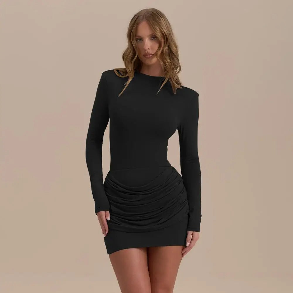 Nadya | Vestido Manga Longa Franzido em Preto