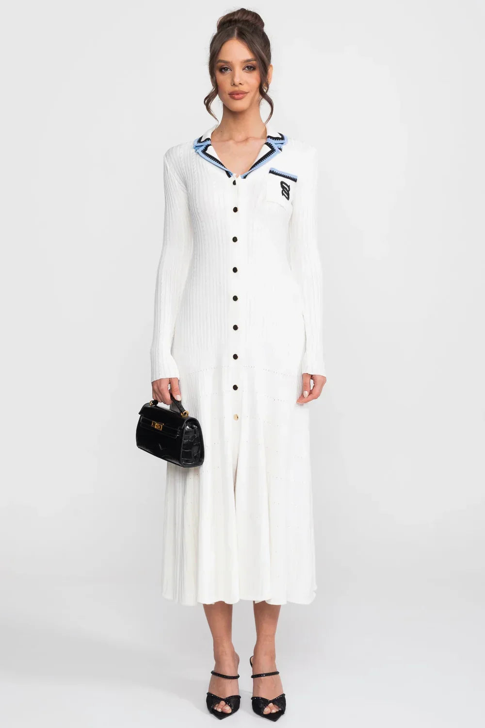 Vestido Longo em Tricô Canelado com Gola Polo e Mangas Alinhadas
