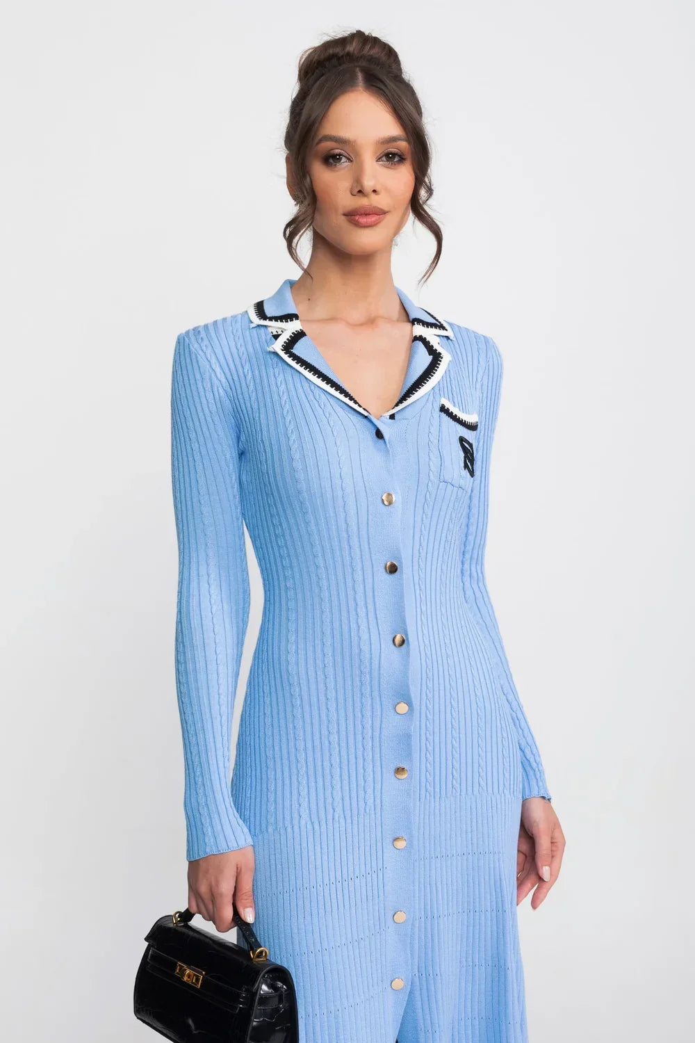 Vestido Longo em Tricô Canelado com Gola Polo e Mangas Alinhadas