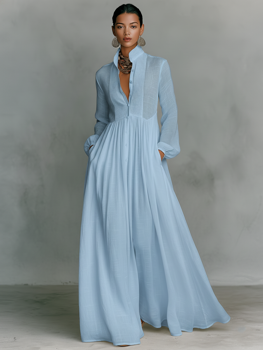 Aurora | Vestido Longo Branco com Decote em V, Manga Longa e Saia Ampla