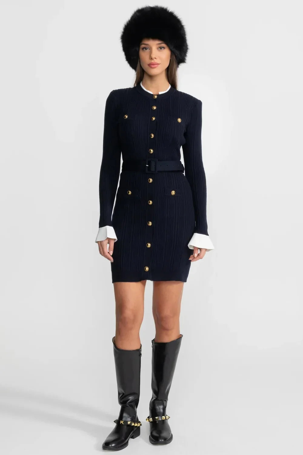 Vestido Midi Canelado com Detalhes em Splicing e Mangas Trombeta
