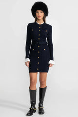 Vestido Midi Canelado com Detalhes em Splicing e Mangas Trombeta