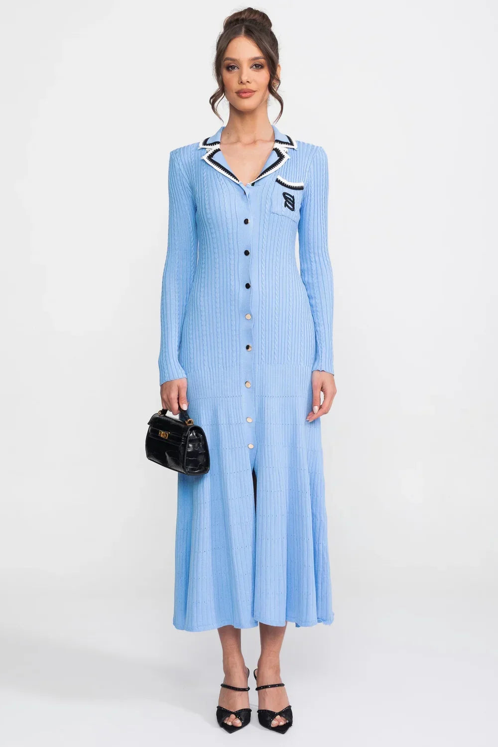 Vestido Longo em Tricô Canelado com Gola Polo e Mangas Alinhadas