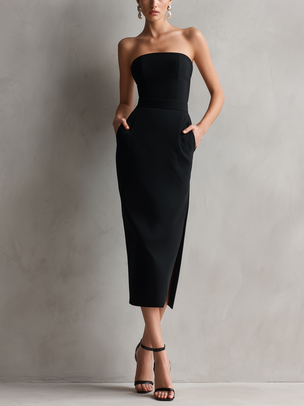 Nara | Vestido Midi Preto Tomara que Caia com Bolsos