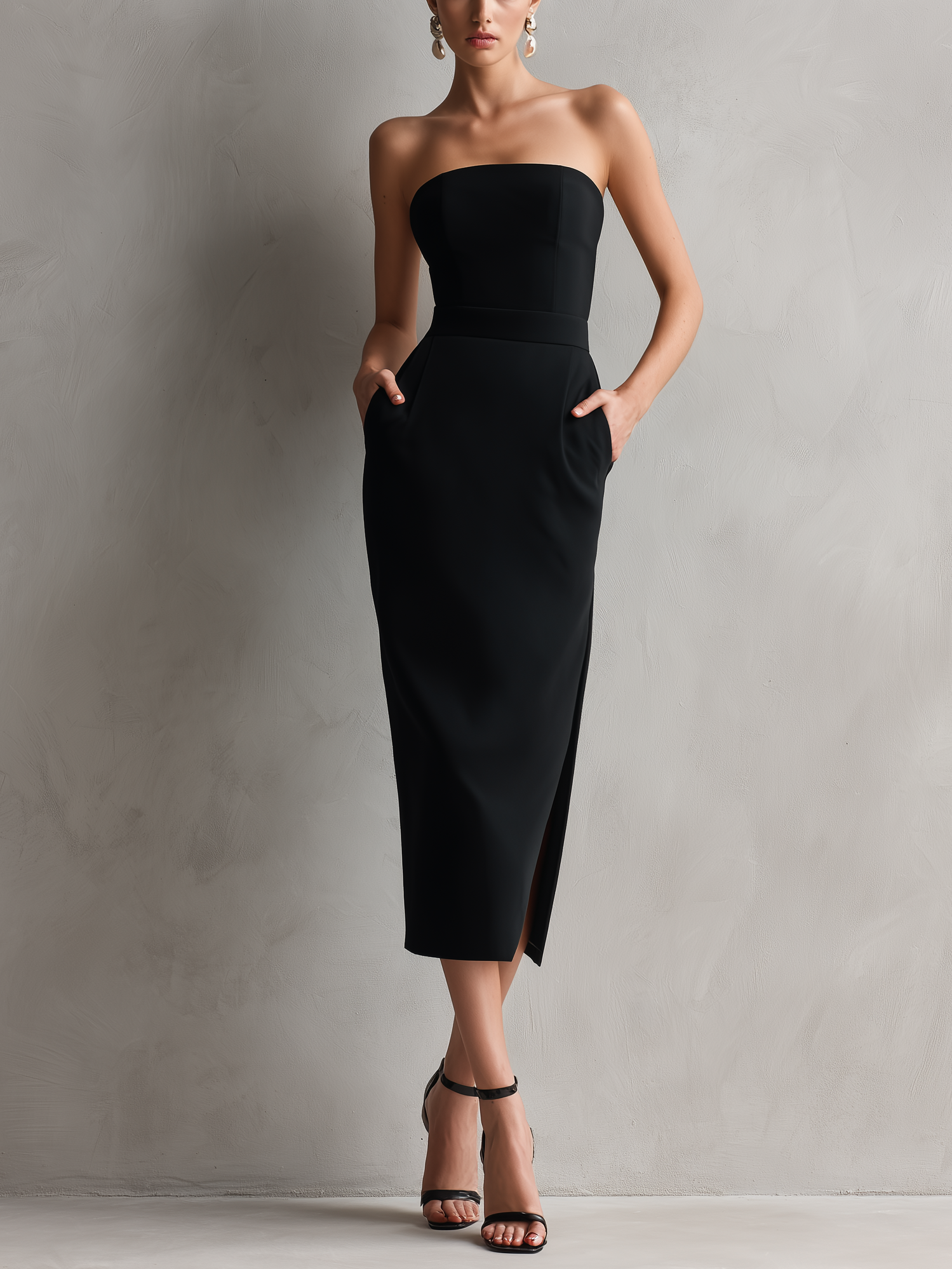 Nara | Vestido Midi Preto Tomara que Caia com Bolsos