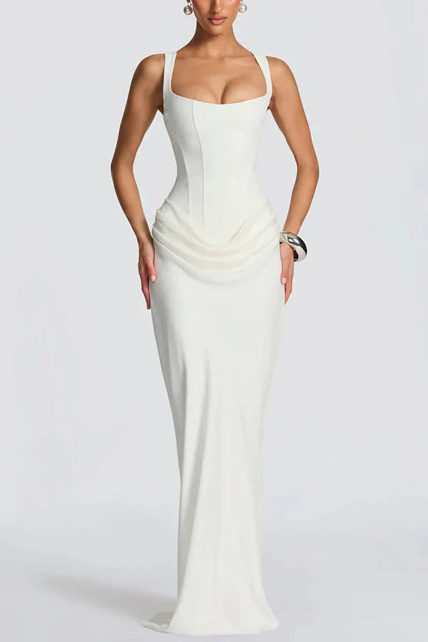 Vera | Vestido Longo Branco com Alças Largas e Silhueta Slim de Alta Costura