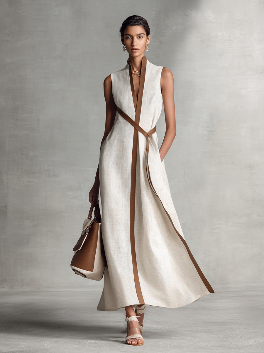 Constância | Vestido Longo Off-White em Linho com Decote V e Corte Fluido