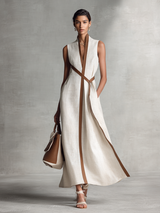 Constância | Vestido Longo Off-White em Linho com Decote V e Corte Fluido