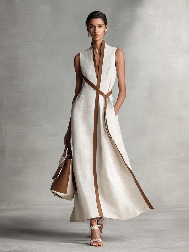 Constância | Vestido Longo Off-White em Linho com Decote V e Corte Fluido