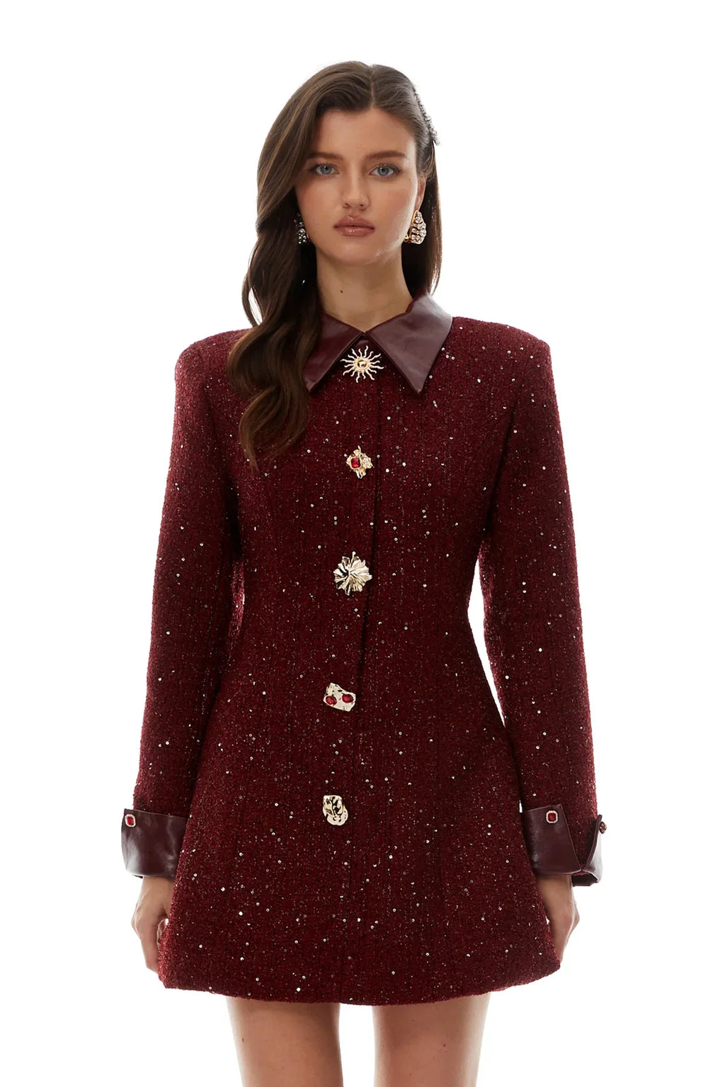 Casaco Vestido Mid-Length em Tweed Bordô com Botões Ornamentais