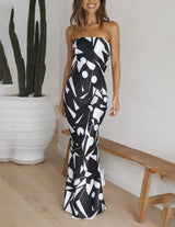 Arabela | Vestido Longo Floral Preto e Branco com Alças Finas e Corte Sereia