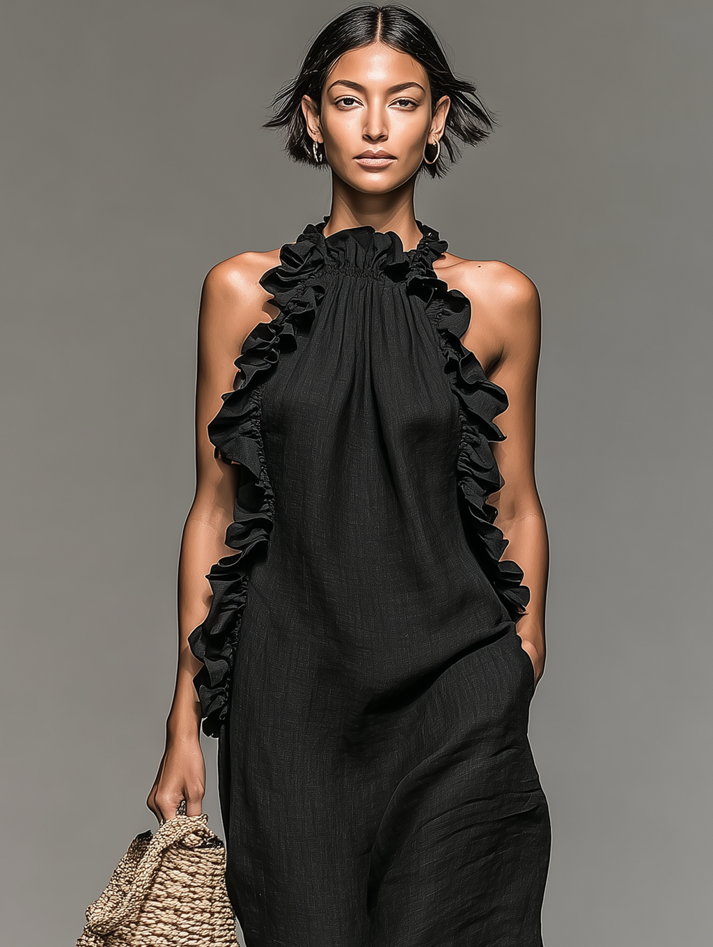 Dalila | Vestido Longo com Gola Halter, Franzido e Fenda Lateral