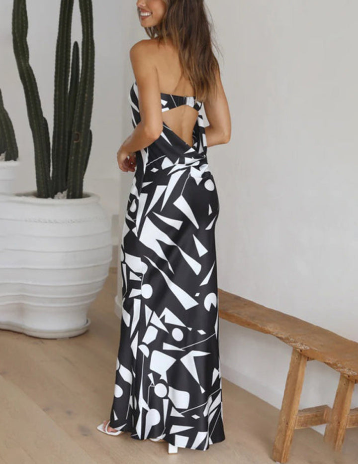 Arabela | Vestido Longo Floral Preto e Branco com Alças Finas e Corte Sereia