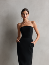 Nara | Vestido Midi Preto Tomara que Caia com Bolsos