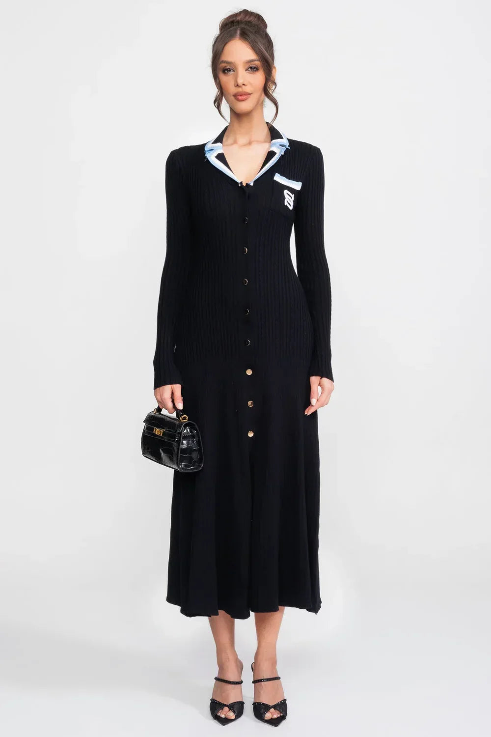 Vestido Longo em Tricô Canelado com Gola Polo e Mangas Alinhadas