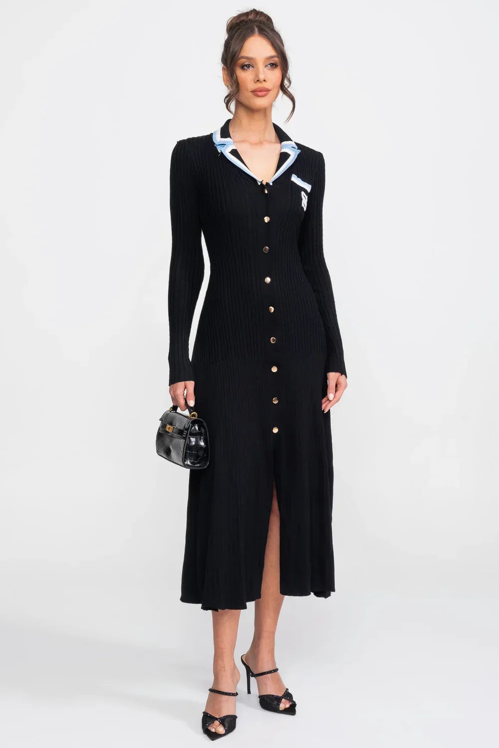Vestido Longo em Tricô Canelado com Gola Polo e Mangas Alinhadas