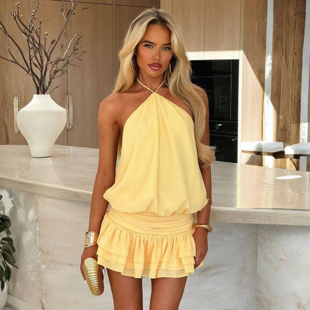Demi | Vestido Curto Amarelo com Top Franzido e Saia com Babados