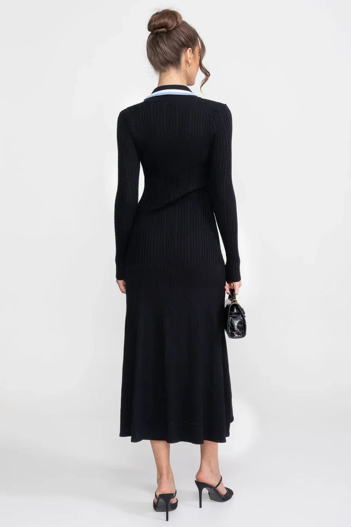 Vestido Longo em Tricô Canelado com Gola Polo e Mangas Alinhadas