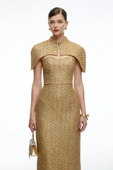 Conjunto Elegante em Tweed e Vestido Longo Escultural