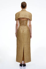Conjunto Elegante em Tweed e Vestido Longo Escultural