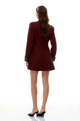 Casaco Vestido Mid-Length em Tweed Bordô com Botões Ornamentais