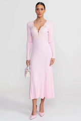 Letícia | Vestido Midi Canelado Rosa com Detalhes em Renda