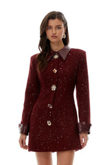 Casaco Vestido Mid-Length em Tweed Bordô com Botões Ornamentais