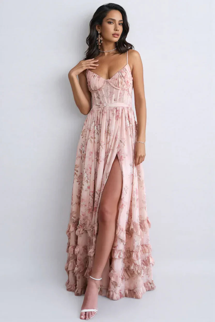 Lídia | Vestido Longo Floral em Tule com Fenda e Decote em V Profundo