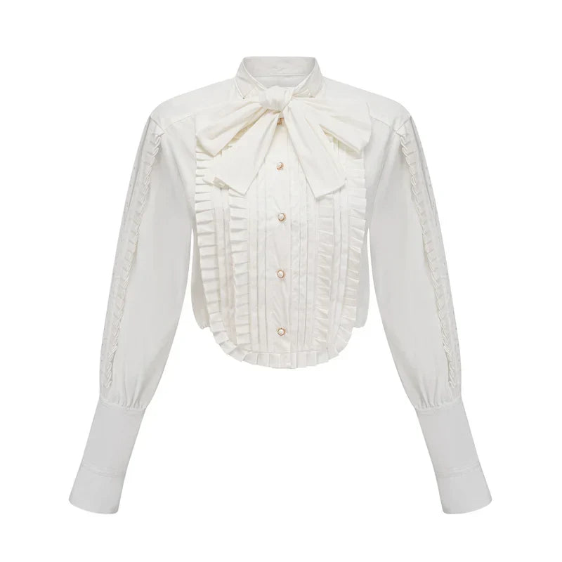 Camisa de Luxo com Gola, Laços Ornamentais e Fivelas de Pérola