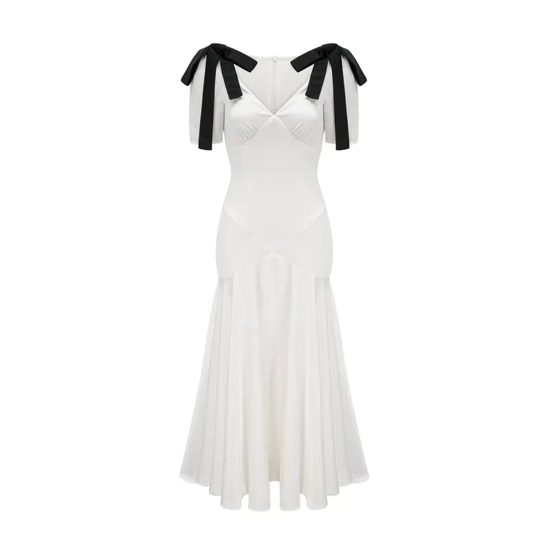 Vestido Longo Elegante  Laços e Decote em V