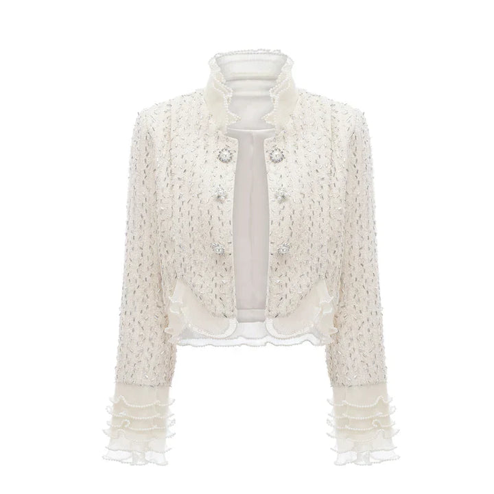 Margot | Casaco Curto em Tweed Branco com Pérolas e Pedrarias