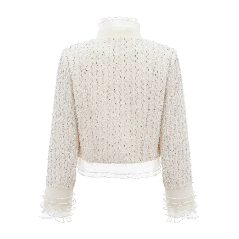Margot | Casaco Curto em Tweed Branco com Pérolas e Pedrarias