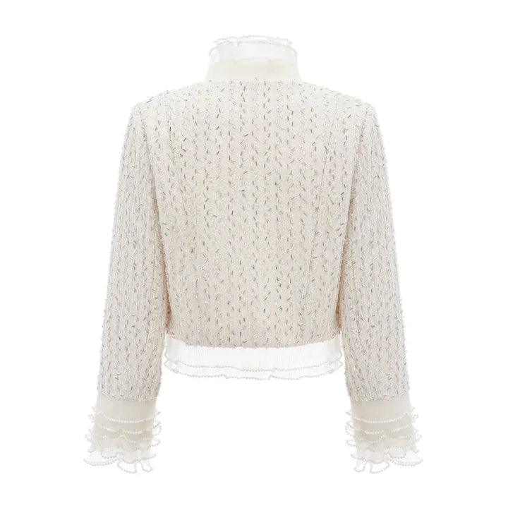 Margot | Casaco Curto em Tweed Branco com Pérolas e Pedrarias