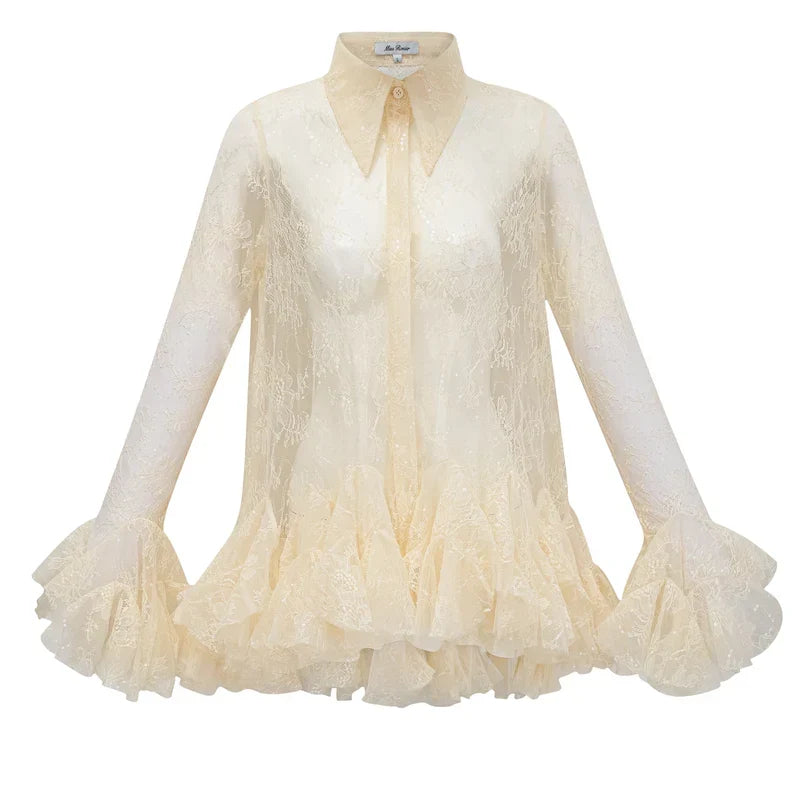 Blusa em Renda Neutra com Cintura Marcada e Detalhe Peplum