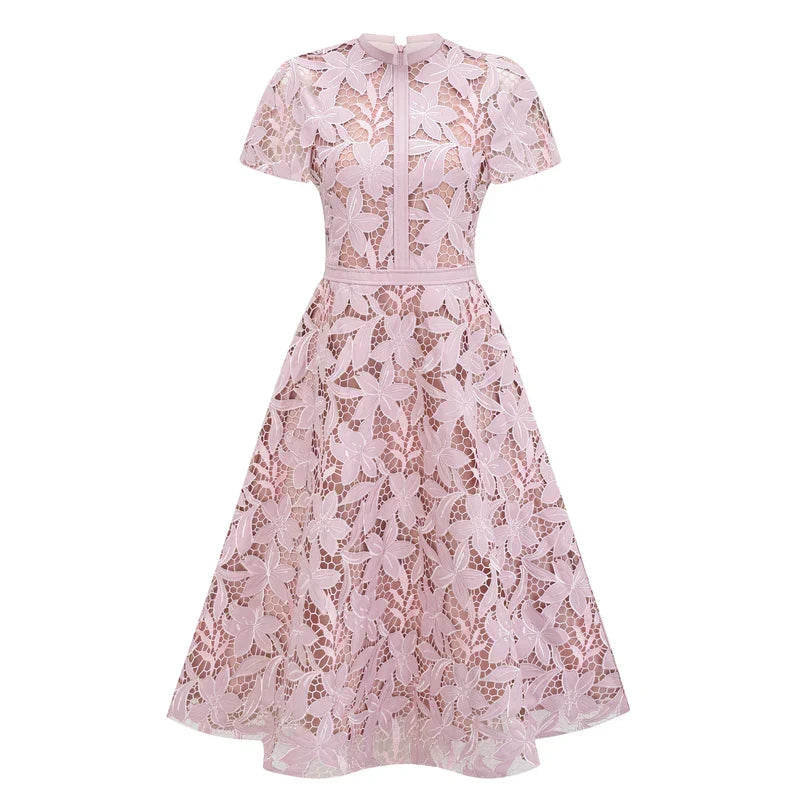 Vestido Elegante Bordado Floral, Renda Vazada e Corte em A