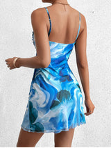Ondina | Vestido Mini Azul Tie-Dye com Decote Cowl e Alças Finas