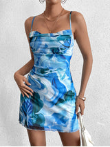 Ondina | Vestido Mini Azul Tie-Dye com Decote Cowl e Alças Finas