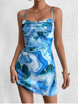 Ondina | Vestido Mini Azul Tie-Dye com Decote Cowl e Alças Finas