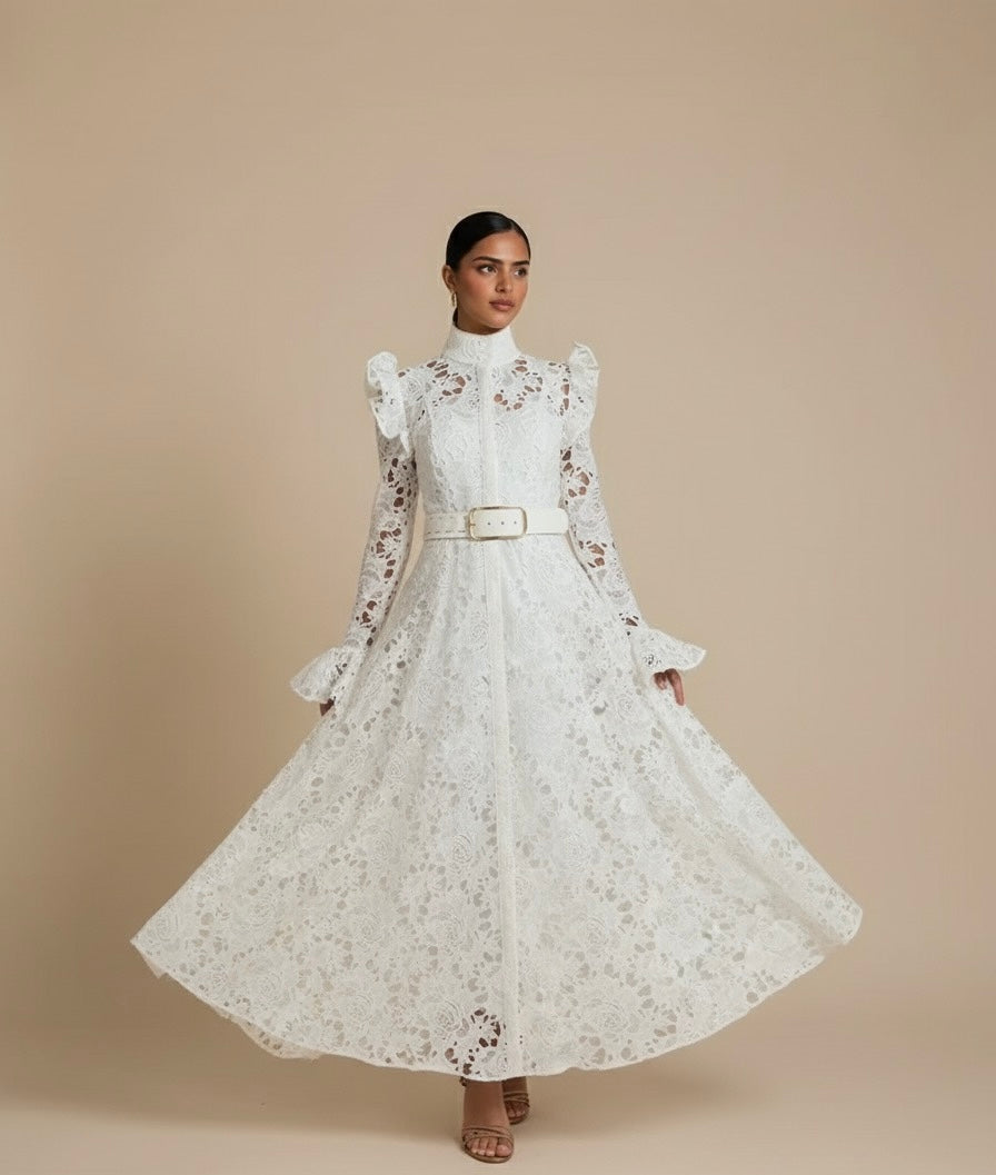 Sofia | Vestido Longo em Renda com Cintura Império e Decote em V