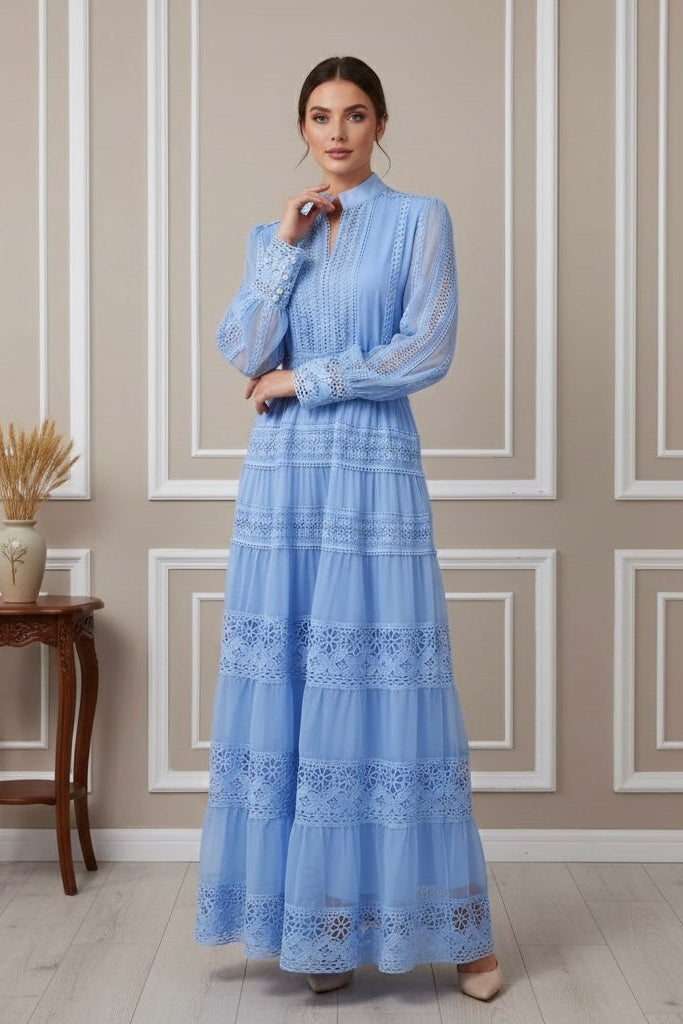 Cecília | Vestido Longo em Renda com Tecido 100% Algodão e Manga Longa