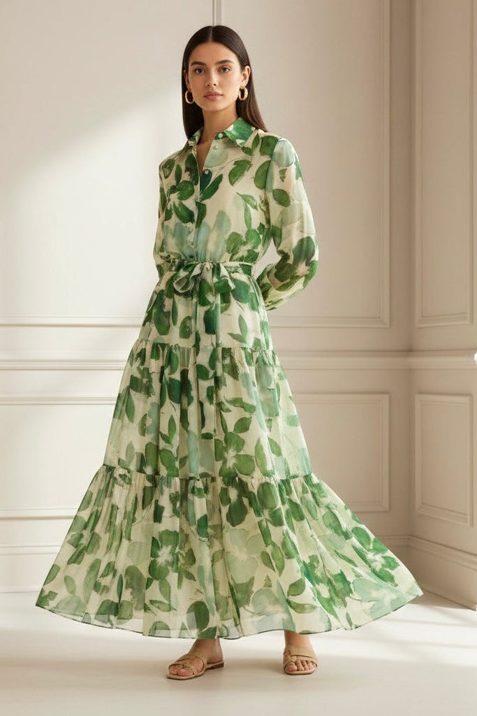 Lorena | Vestido Longo Estampado com Cintura Marcada e Manga Longa