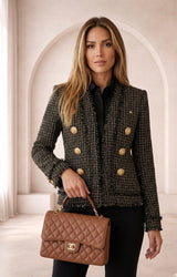 Blazer em Tweed Xadrez com Fios Dourados e Botões Ornamentais