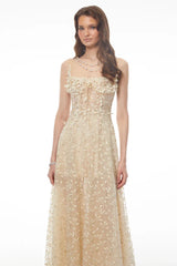 Vestido Midi Alças Finas com Bordados Florais e Saia Fluida