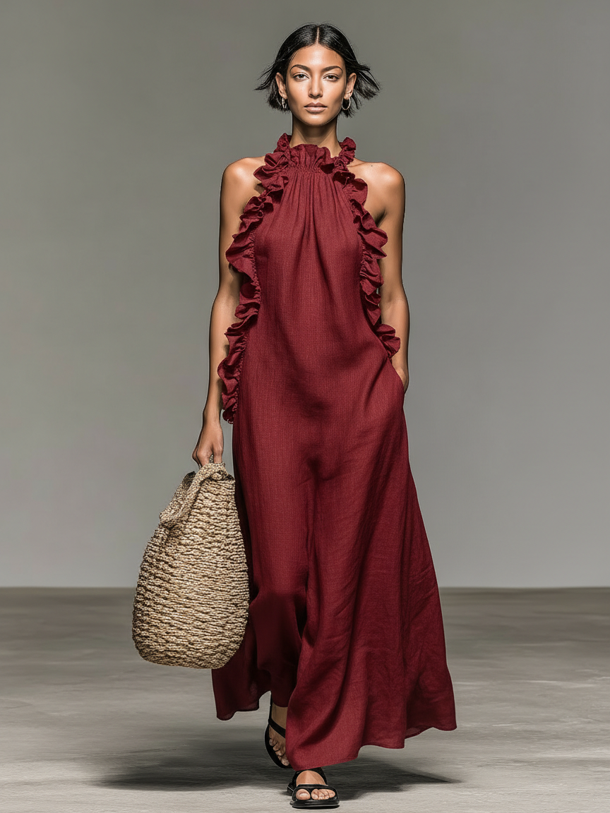 Dalila | Vestido Longo com Gola Halter, Franzido e Fenda Lateral