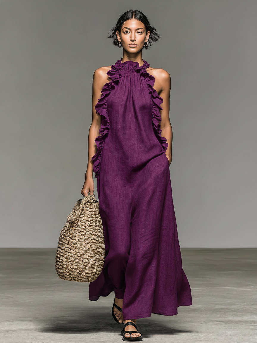 Dalila | Vestido Longo com Gola Halter, Franzido e Fenda Lateral