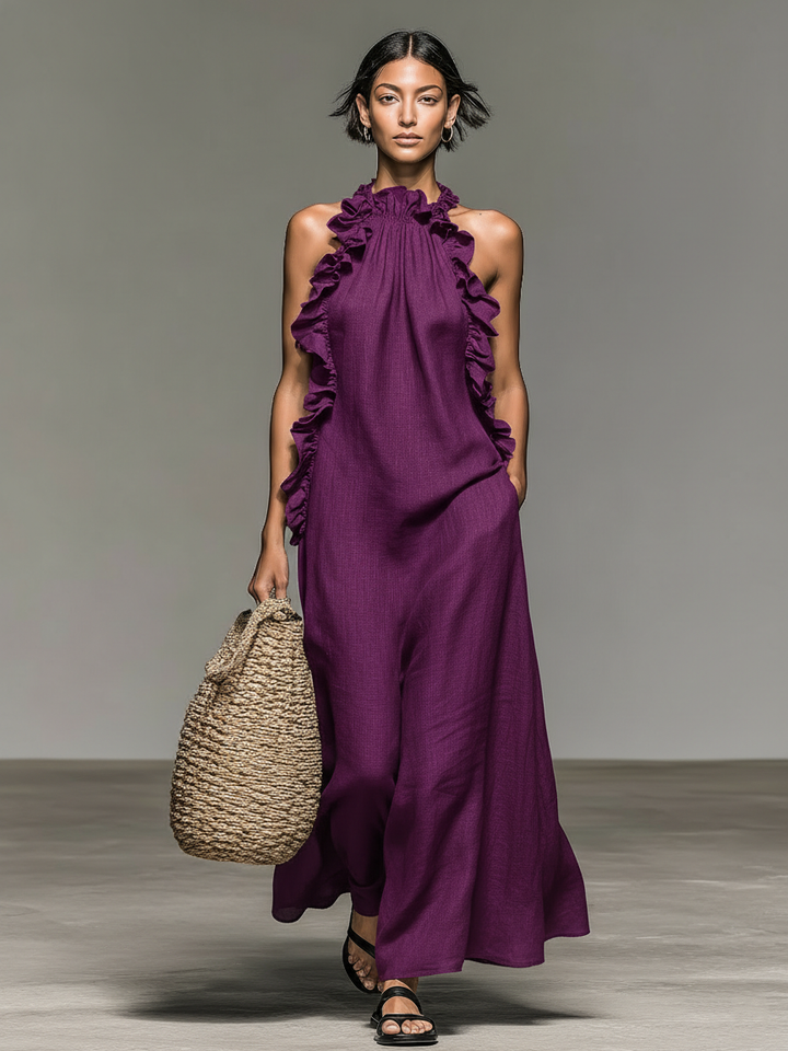 Dalila | Vestido Longo com Gola Halter, Franzido e Fenda Lateral