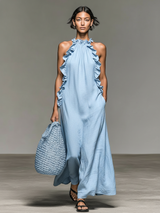 Dalila | Vestido Longo com Gola Halter, Franzido e Fenda Lateral